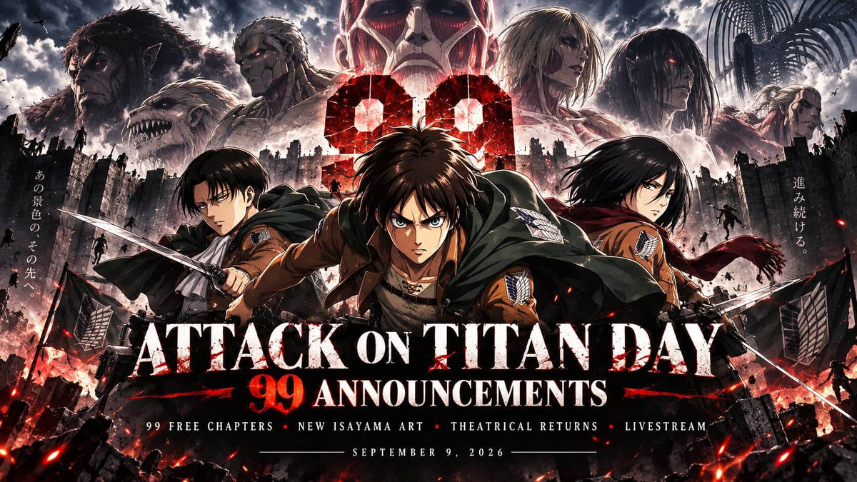 Attack on Titan Day featuring characters in dramatic poses with announcements and free manga highlights.