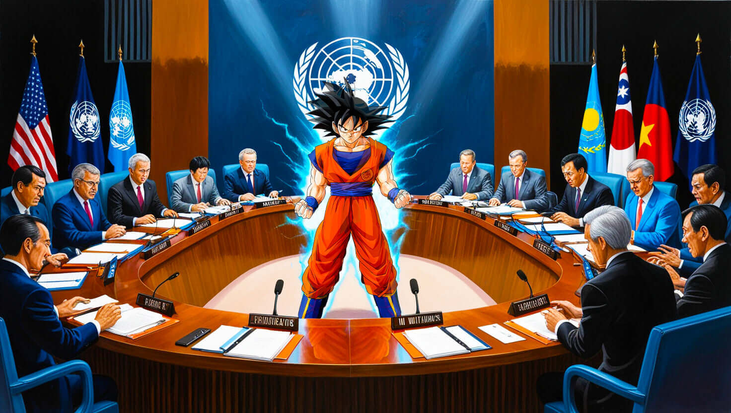 Japan anime gaming industry UN criticism depicted in a meeting with Goku standing before world leaders.