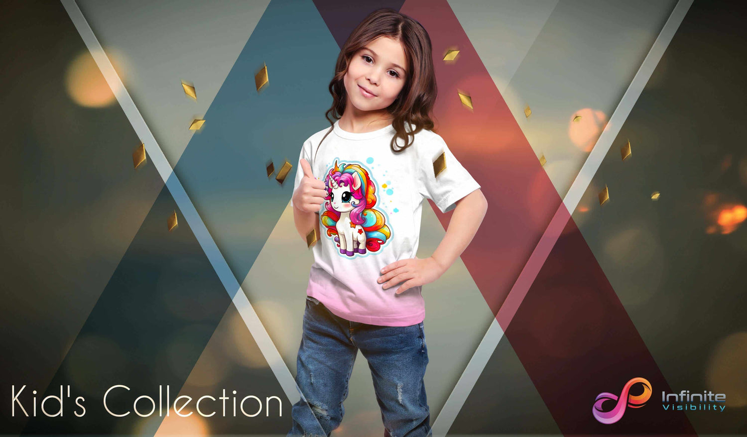 Child in colorful kids' apparel featuring a unicorn design, promoting creativity and fun at Infinite Visibility.