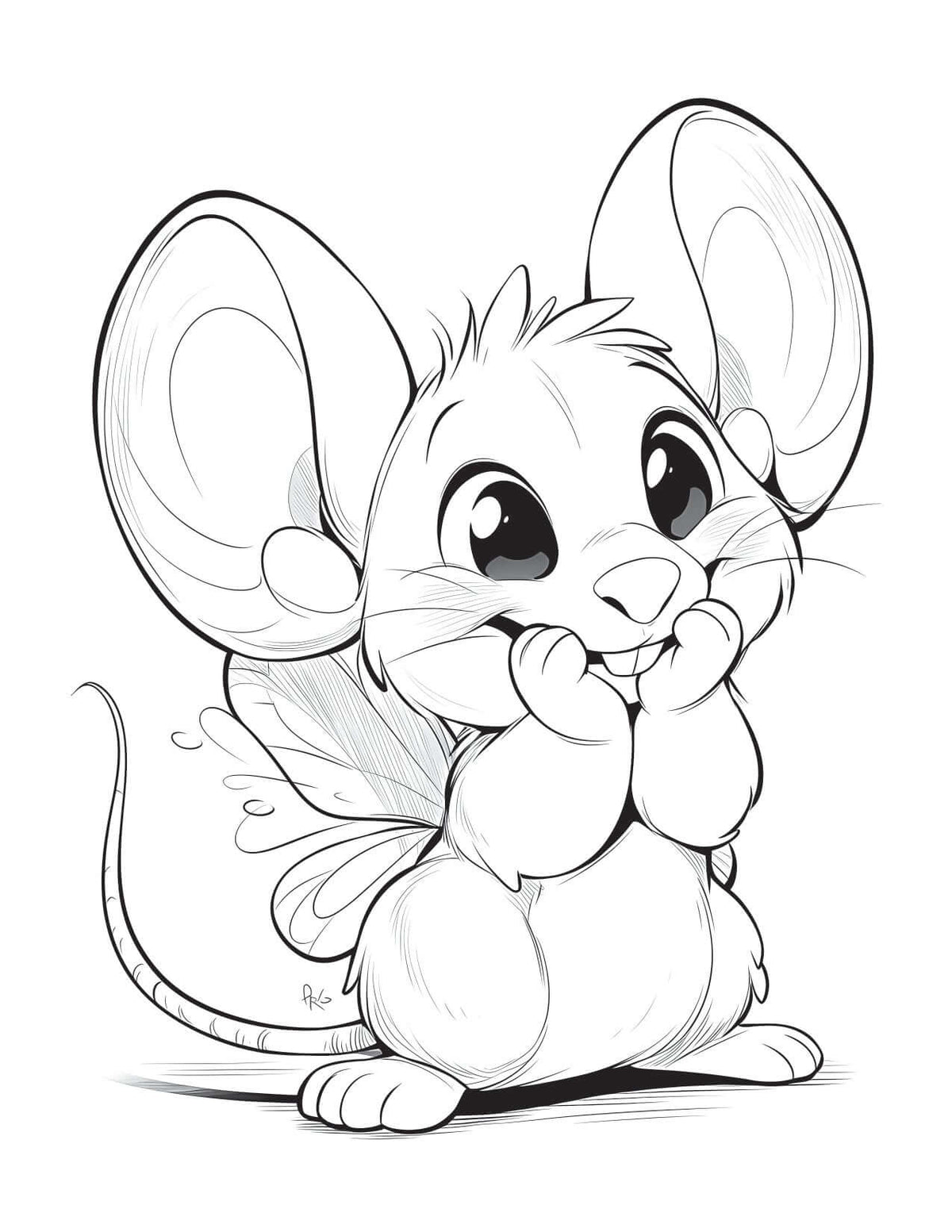 Cute cartoon mouse with large ears and wings, smiling with excitement, perfect for kids' coloring pages.