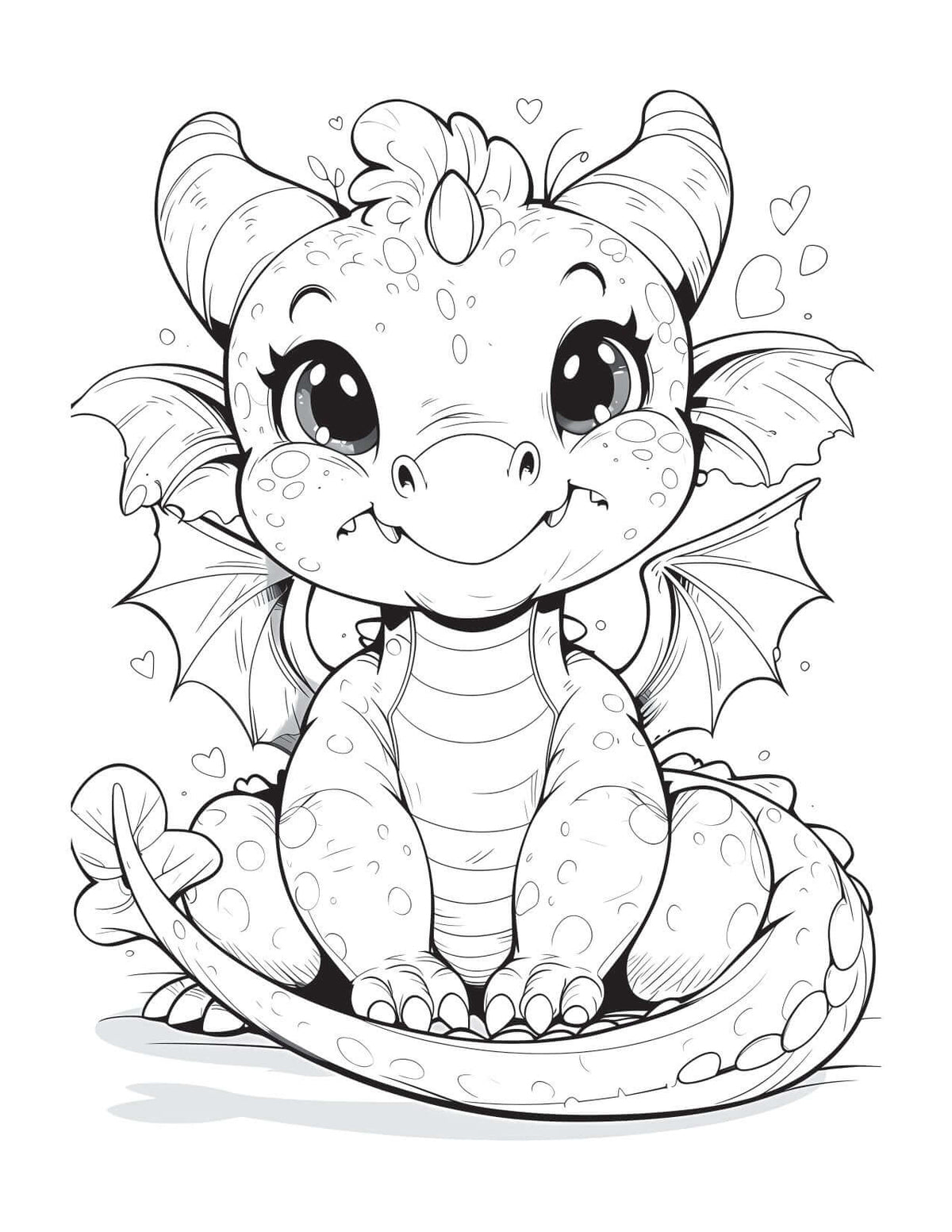 Cute dragon coloring page for kids featuring an adorable cartoon character with big eyes and playful wings.