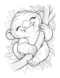 Happy sloth coloring page for kids, featuring a cute sloth hugging a tree branch in a fun, whimsical design.