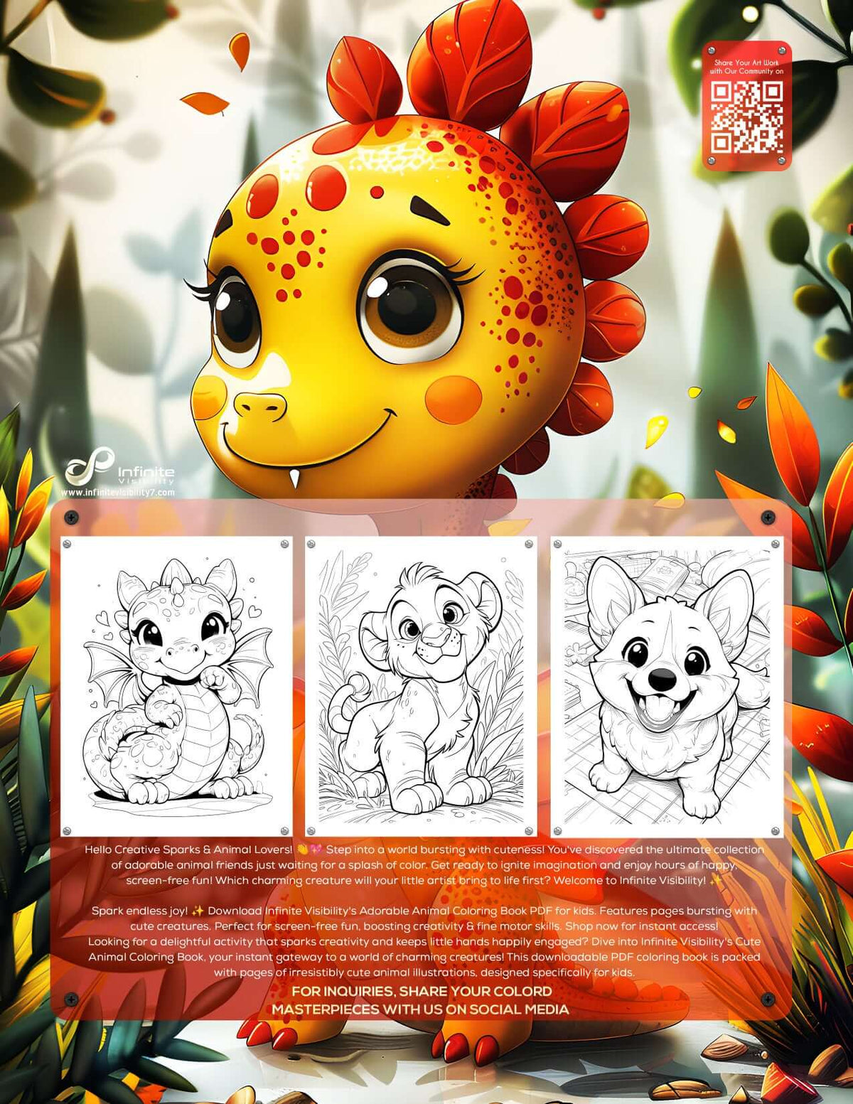 Coloring page featuring cute dragon, lion cub, and corgi from the Adorable Animal Coloring Book for kids.