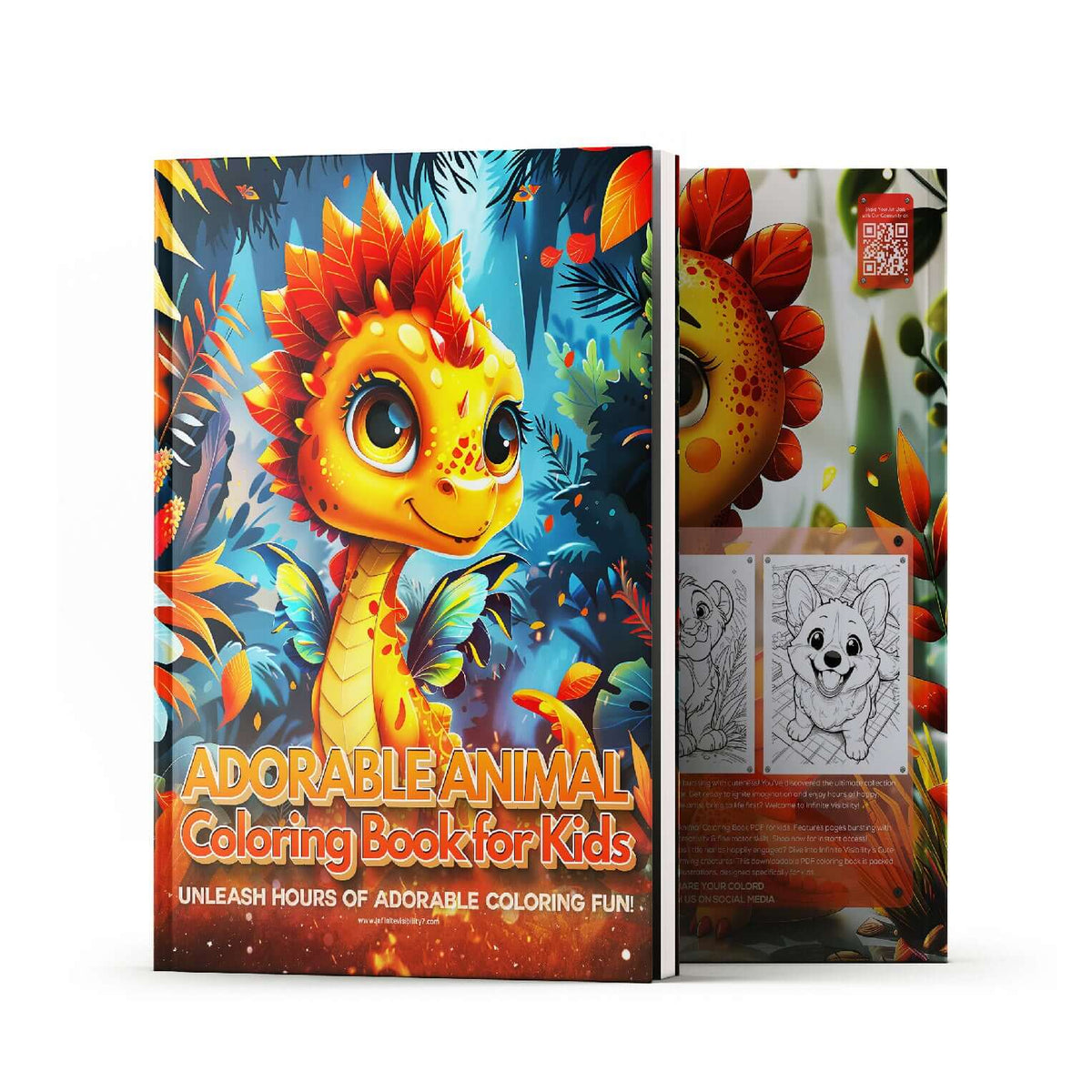 Cover of Adorable Animal Coloring Book for Kids featuring a colorful dinosaur design, perfect for creative fun.