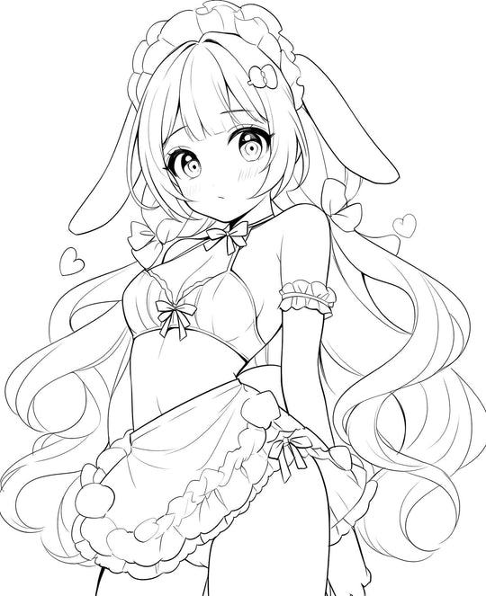 Adorable anime bunny girl waifu with long pigtails and bows, ruffled headband and bunny ears, wearing frilly lingerie with an apron skirt, pom-poms, and floating hearts, blushing sweetly – coloring page digital download.