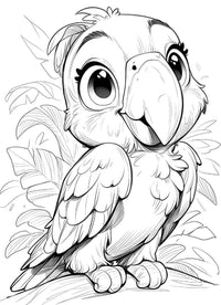 Cute baby parrot coloring page for kids with big eyes and leafy background, perfect for creative fun.