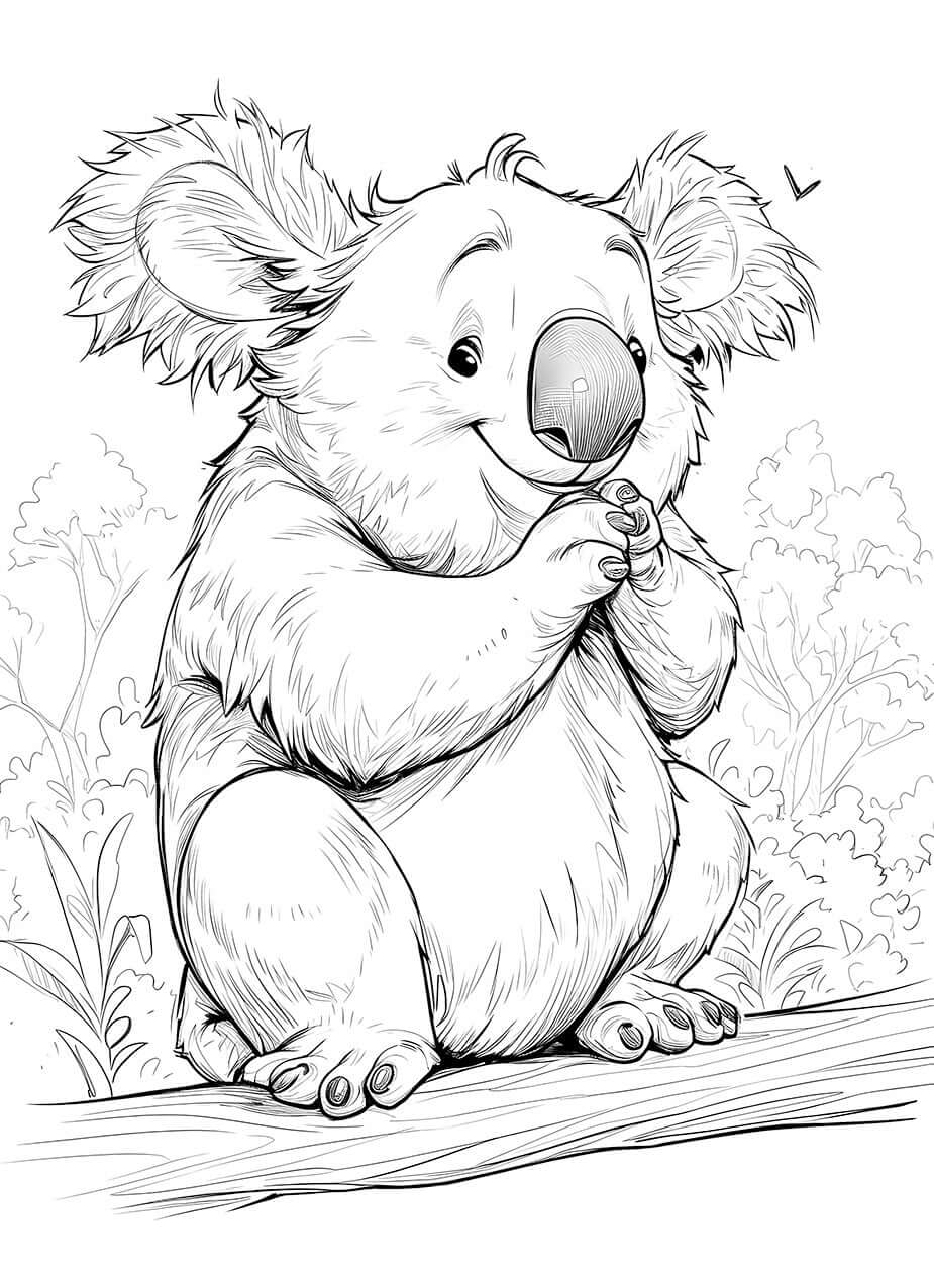 Cute koala coloring page featuring a happy koala on a branch, perfect for kids' creativity and fun.