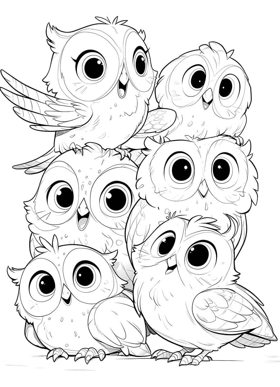 Adorable owl pile coloring page featuring six wide-eyed, fluffy owls ready for coloring fun for kids.