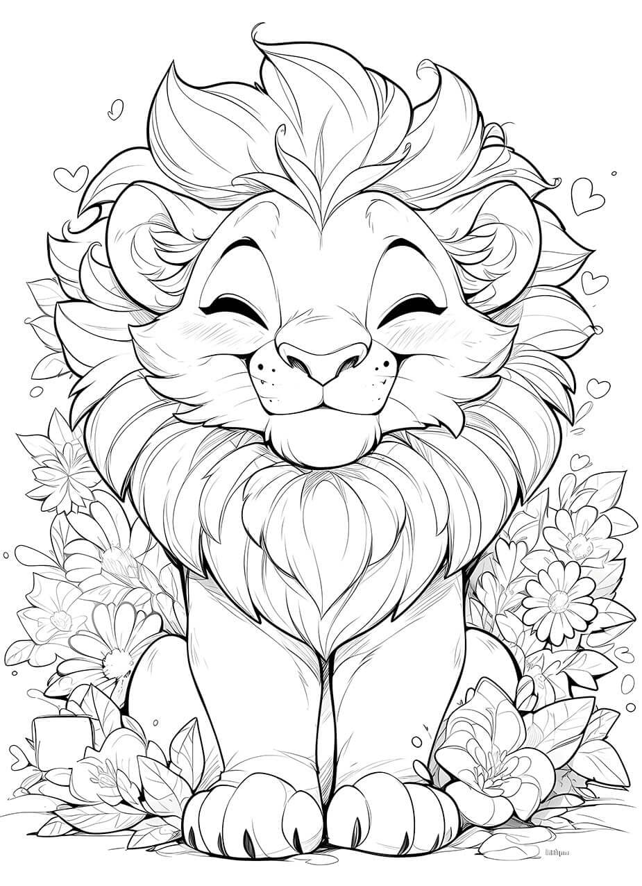Smiling lion surrounded by flowers in a coloring page, perfect for kids' creativity and joy.