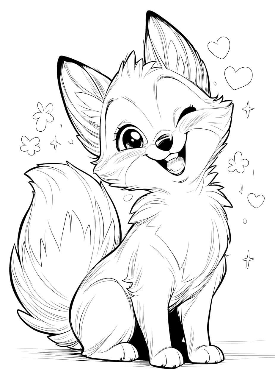 Cute winking fox coloring page with hearts and sparkles for kids. Fun and creative activity!