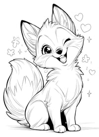 Cute winking fox coloring page with hearts and sparkles for kids. Fun and creative activity!