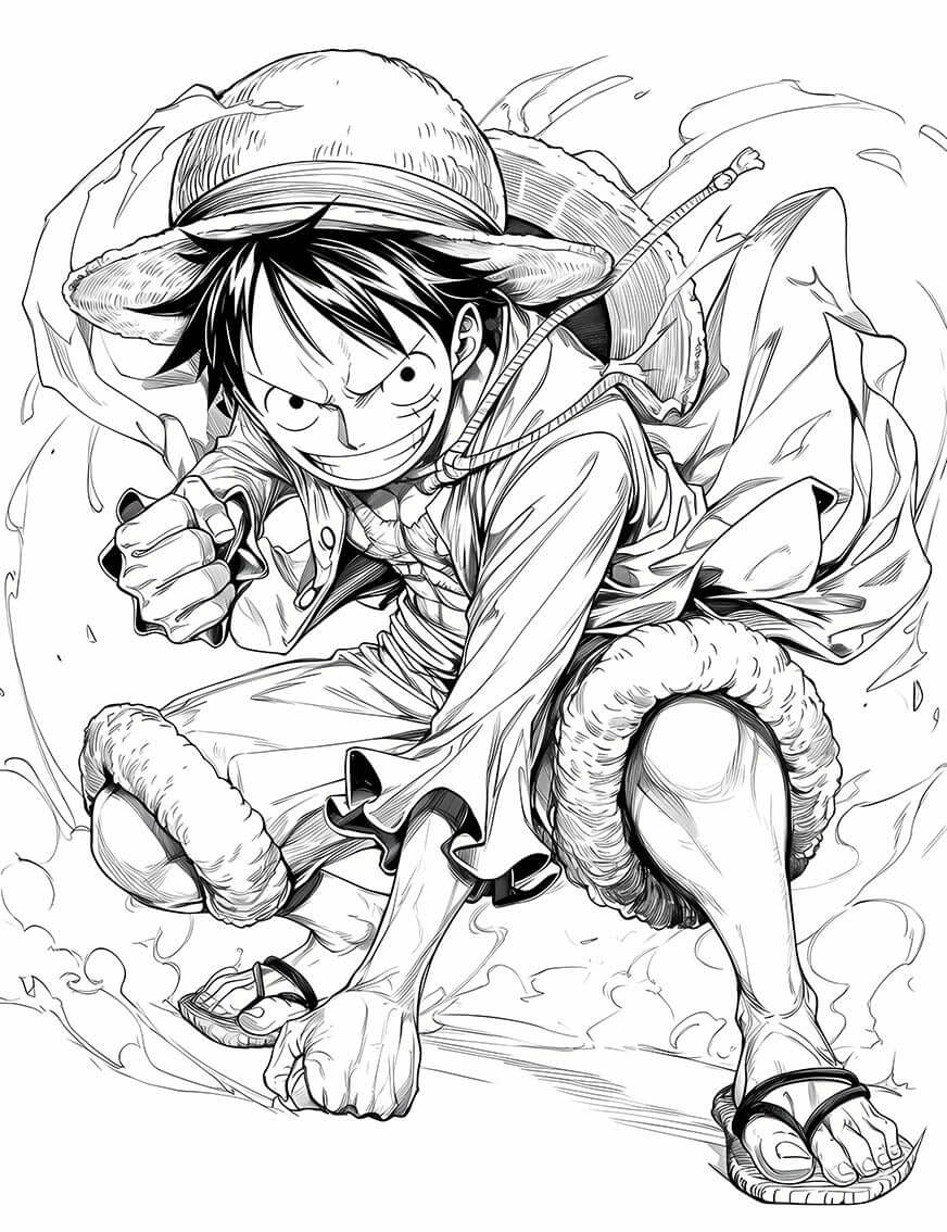 Coloring page of adventurous Monkey D. Luffy from One Piece, ready for creative fun and printing. Instant download art.