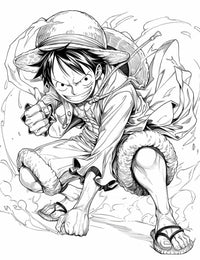 Coloring page of adventurous Monkey D. Luffy from One Piece, ready for creative fun and printing. Instant download art.