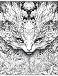 Intricate line art coloring page of an Aetherial Grove Kitsune, a fantasy fox-like spirit with large, detailed leaf-like ears/crests and serene eyes, set in a lush, layered forest with detailed foliage, for adult fantasy coloring.