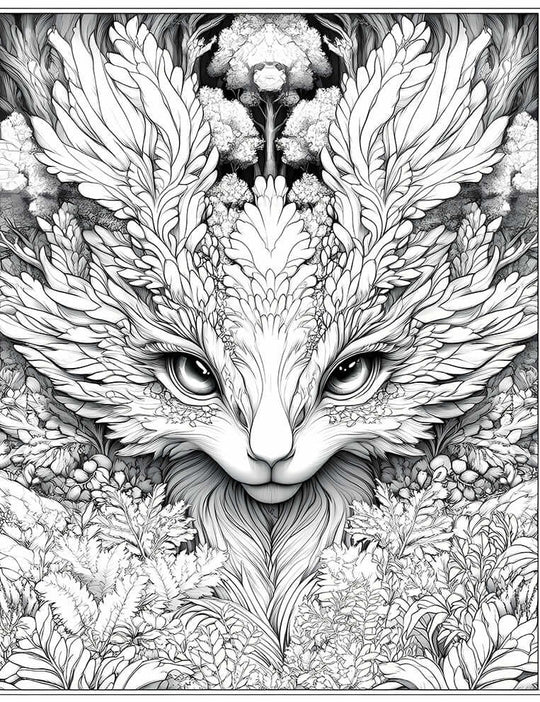 Intricate line art coloring page of an Aetherial Grove Kitsune, a fantasy fox-like spirit with large, detailed leaf-like ears/crests and serene eyes, set in a lush, layered forest with detailed foliage, for adult fantasy coloring.