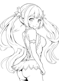 Alluring line art of an anime elf waifu girl with braided pigtails, leaf hair accessories, and detailed fantasy lingerie with corset lacing, looking back playfully – coloring page digital download.