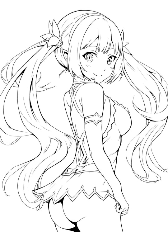 Alluring line art of an anime elf waifu girl with braided pigtails, leaf hair accessories, and detailed fantasy lingerie with corset lacing, looking back playfully – coloring page digital download.