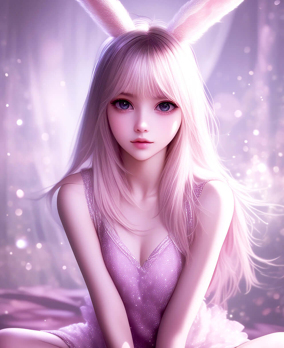 Anime Bunny art featuring a girl with pink hair and bunny ears, glowing in ethereal light, perfect for dreamy aesthetics.