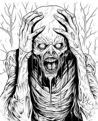 A detailed horror coloring page of an anguished zombie screaming and clutching its decaying head in torment, set against a background of desolate, barren trees.