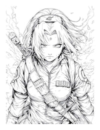 Line art illustration of a fierce anime character with a sword, ready for action, from an action stars coloring book.