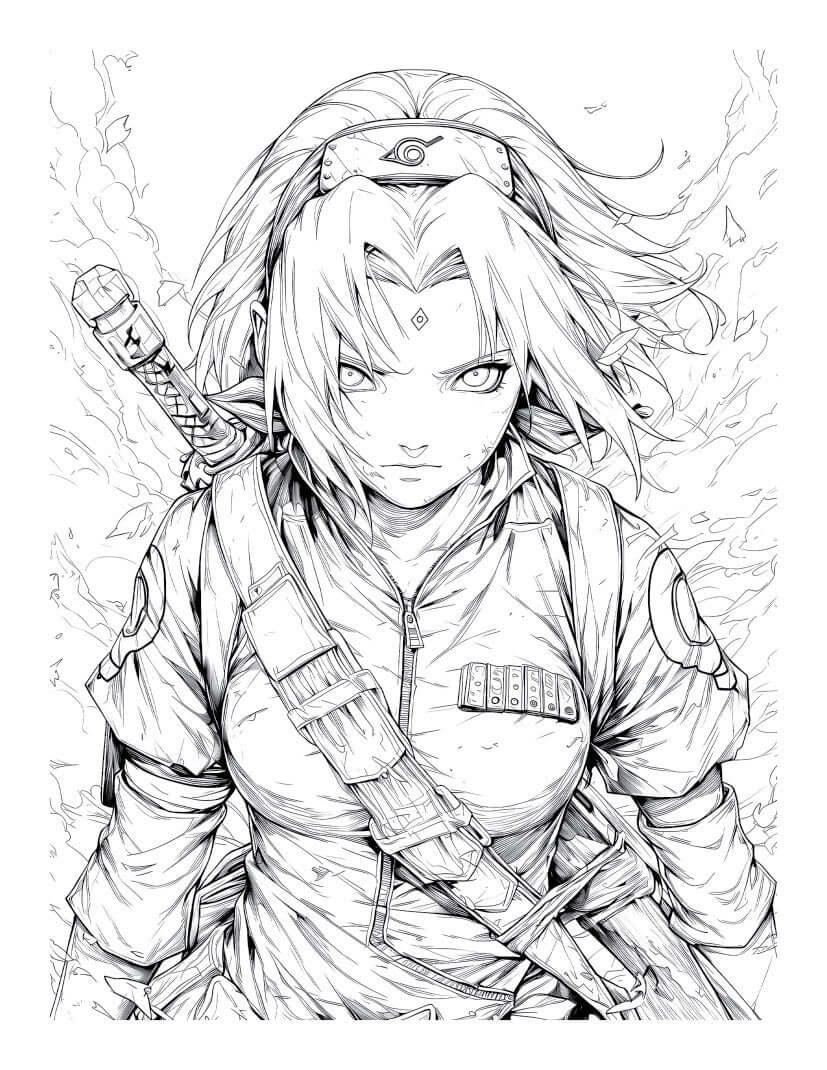 Line art illustration of a fierce anime character with a sword, ready for action, from an action stars coloring book.