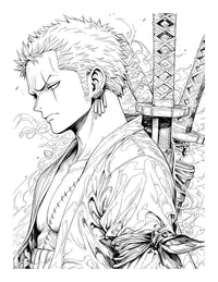 Line art of a samurai-inspired anime character with swords, perfect for coloring in an anime action stars book.