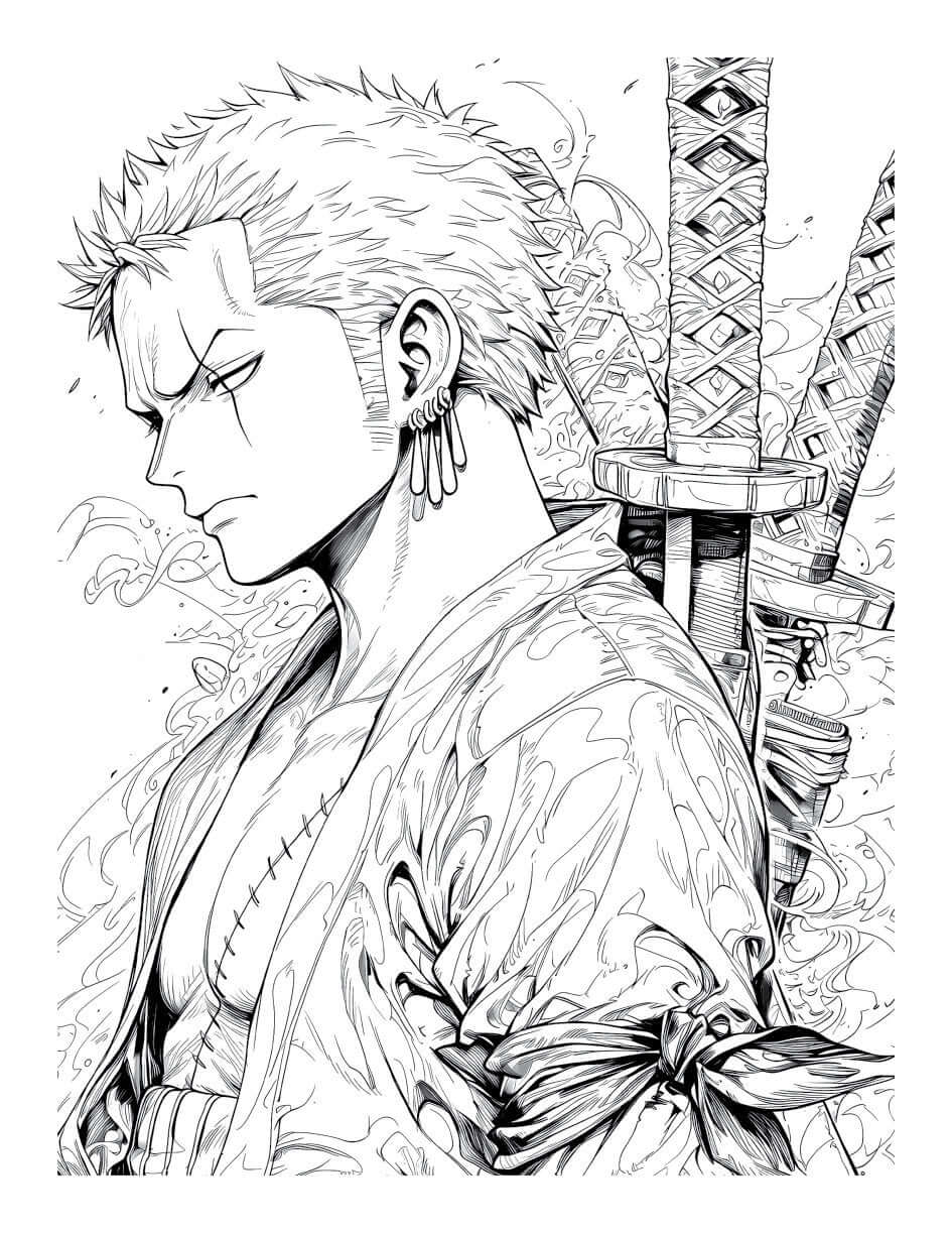 Line art of a samurai-inspired anime character with swords, perfect for coloring in an anime action stars book.
