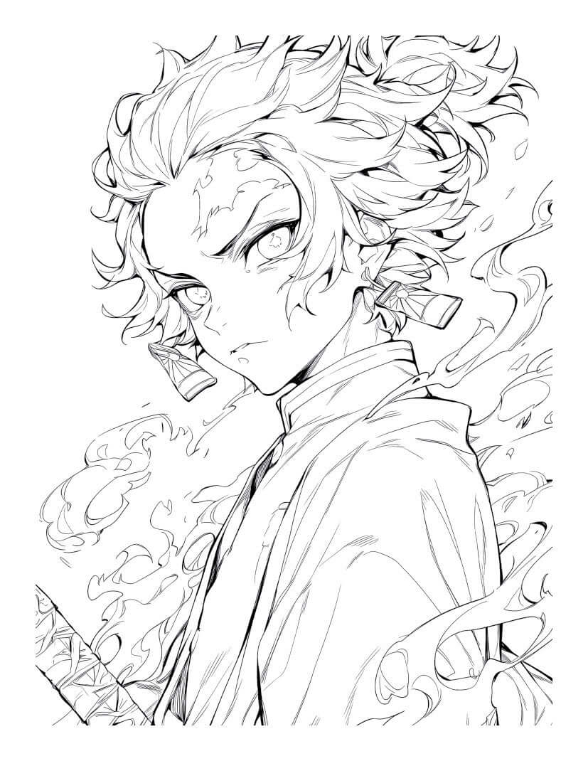 Line art of an anime action character with spiky hair and a fierce expression, surrounded by flames for a coloring book.