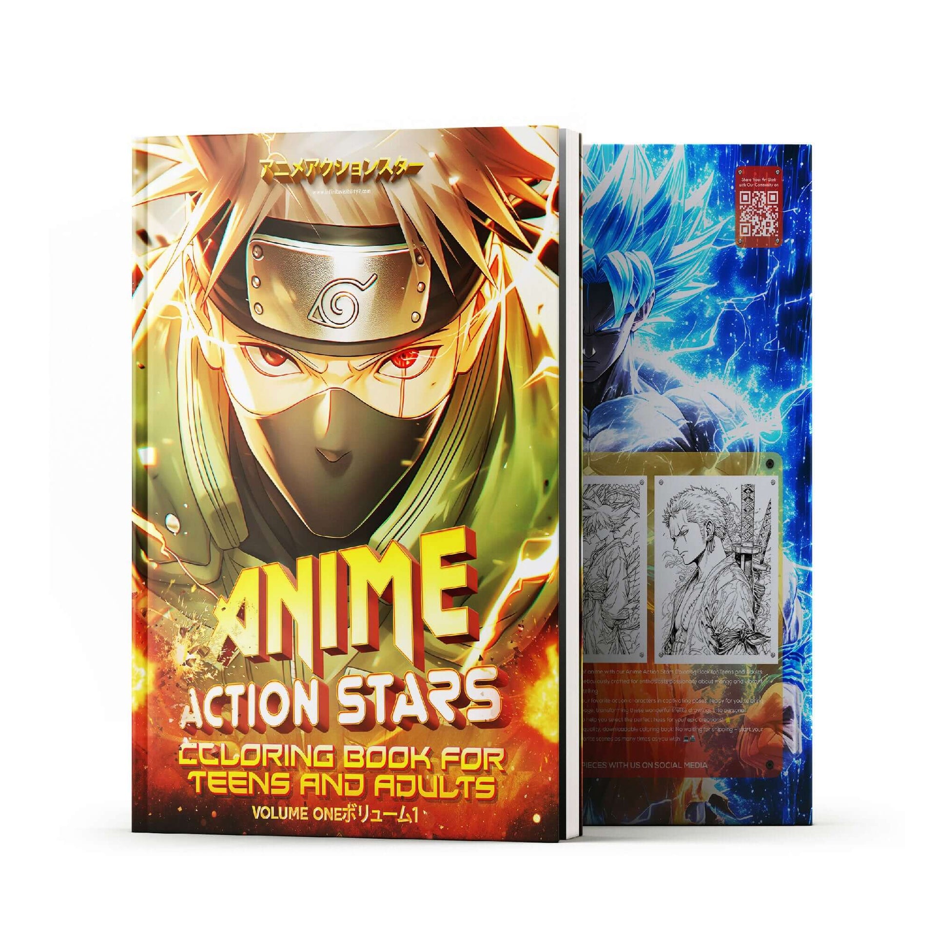 Anime Action Stars Coloring Book Vol 1 cover featuring dynamic manga art for teens and adults.