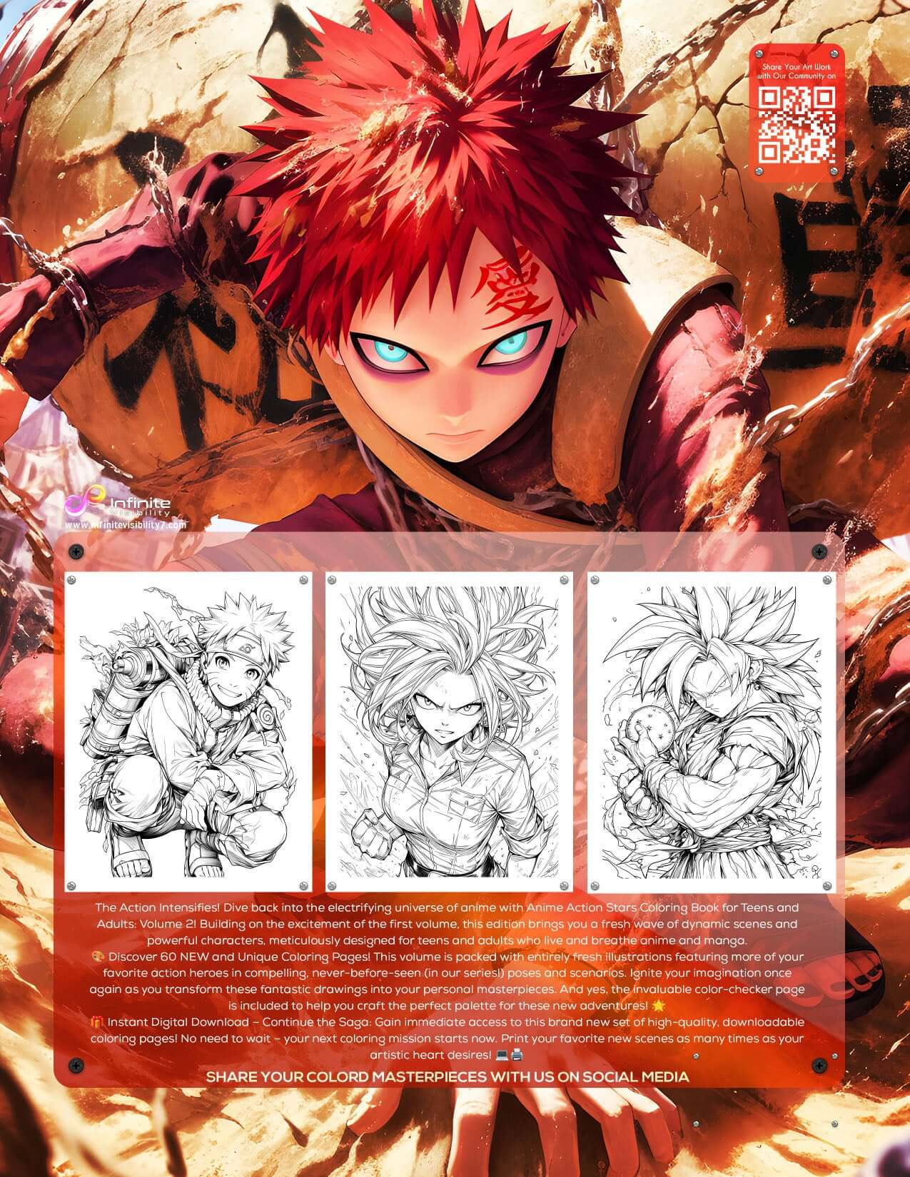 Anime Action Stars Coloring Book Vol 2 cover showcasing vibrant manga art with dynamic characters for teens and adults.