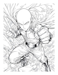 Line art of a dynamic anime action character in a powerful pose, perfect for coloring in an action stars book.