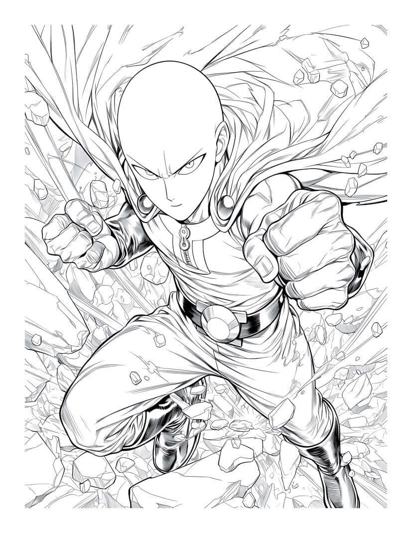 Line art of a dynamic anime action character in a powerful pose, perfect for coloring in an action stars book.
