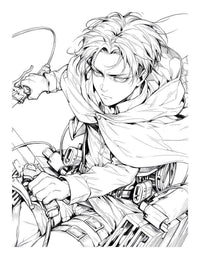 Black and white line art of an anime character with a determined expression, featuring dynamic action and gear.