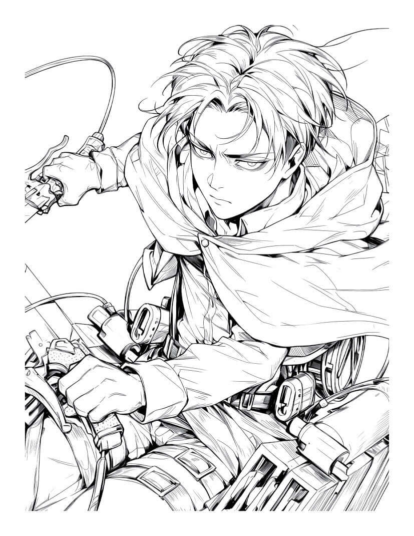 Black and white line art of an anime character with a determined expression, featuring dynamic action and gear.
