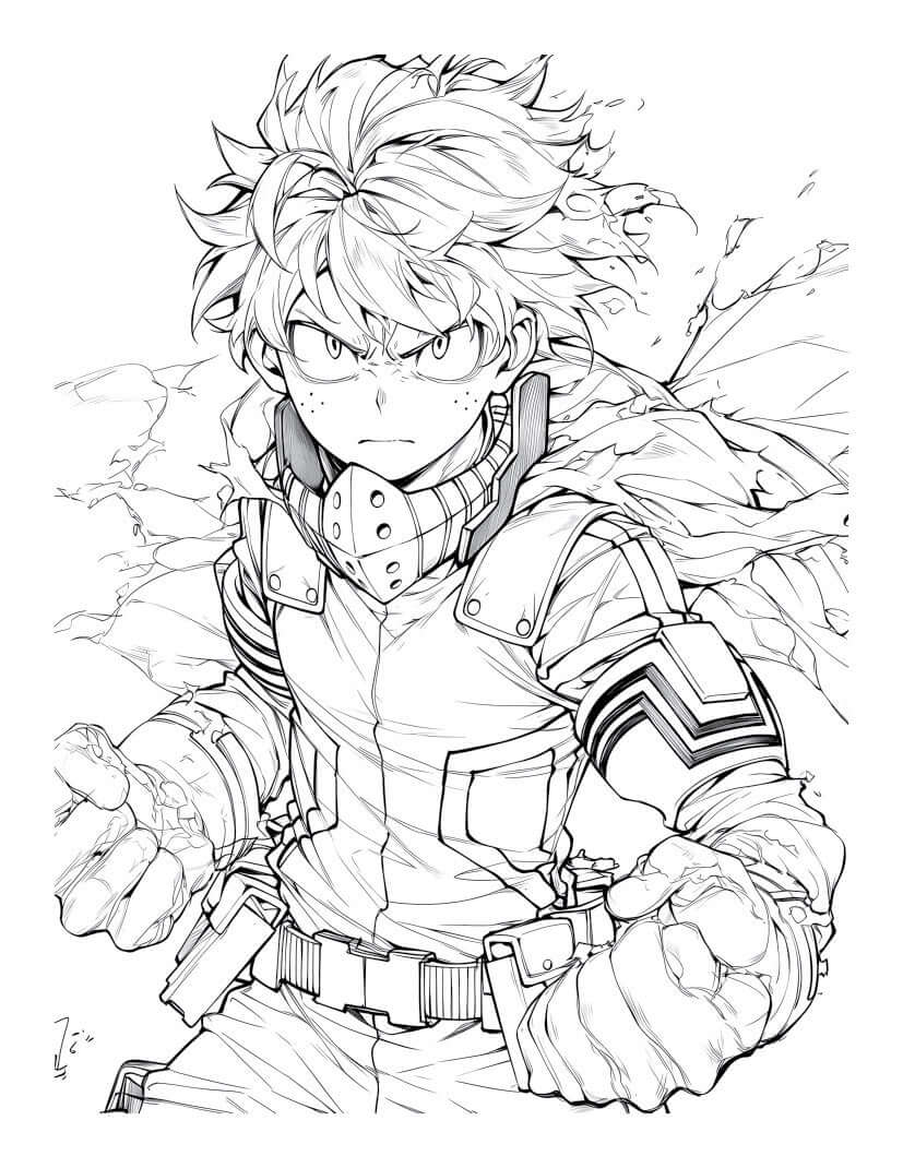 Dynamic line art of an anime action hero with expressive features and intense pose for coloring book.
