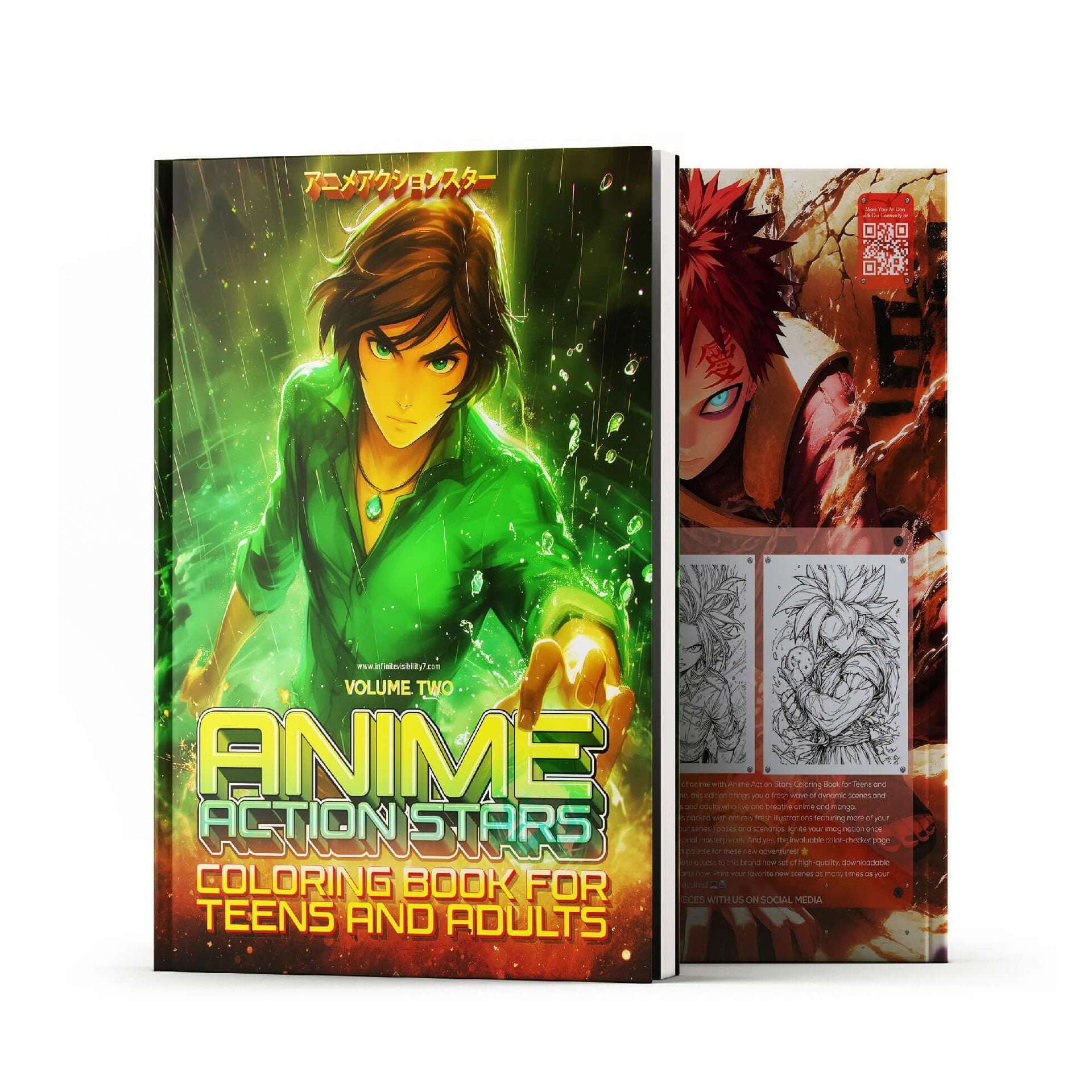 Anime Action Stars Coloring Book Vol 2 with 60 new pages for teens and adults featuring dynamic manga art.