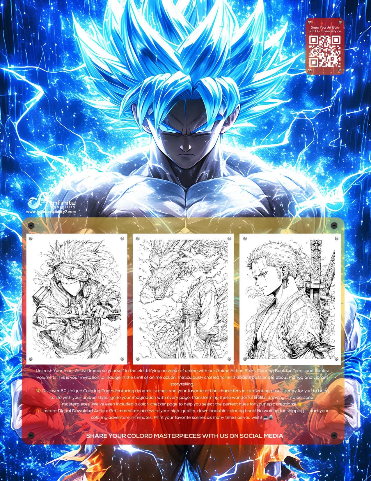 Coloring book cover featuring dynamic anime art and character illustrations from 'Anime Action Stars' series.