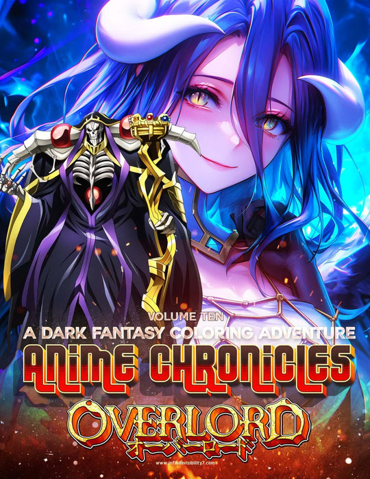 Anime Chronicles: The Overlord Awakens coloring book cover featuring dark fantasy characters and vibrant artwork.