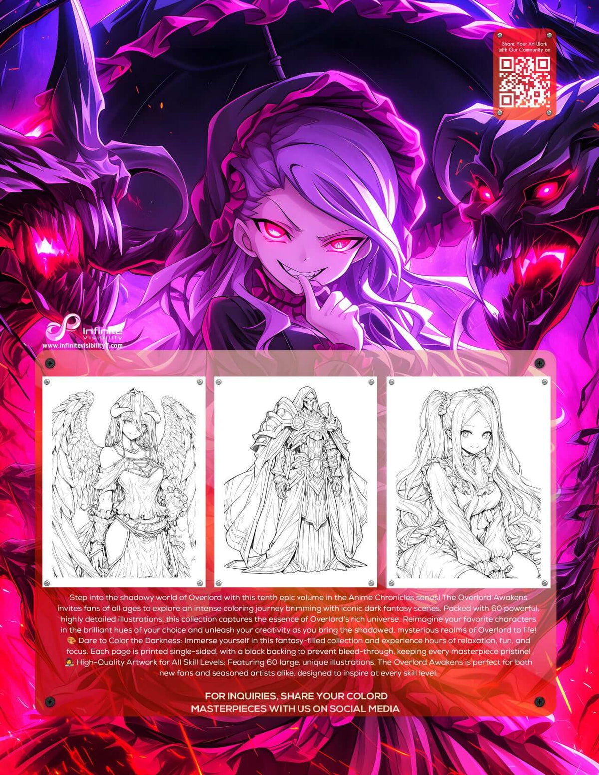 Anime Chronicles: The Overlord Awakens coloring book page showcasing dark fantasy characters and intricate designs.