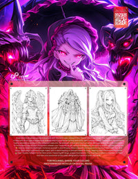 Anime Chronicles: The Overlord Awakens coloring book page showcasing dark fantasy characters and intricate designs.