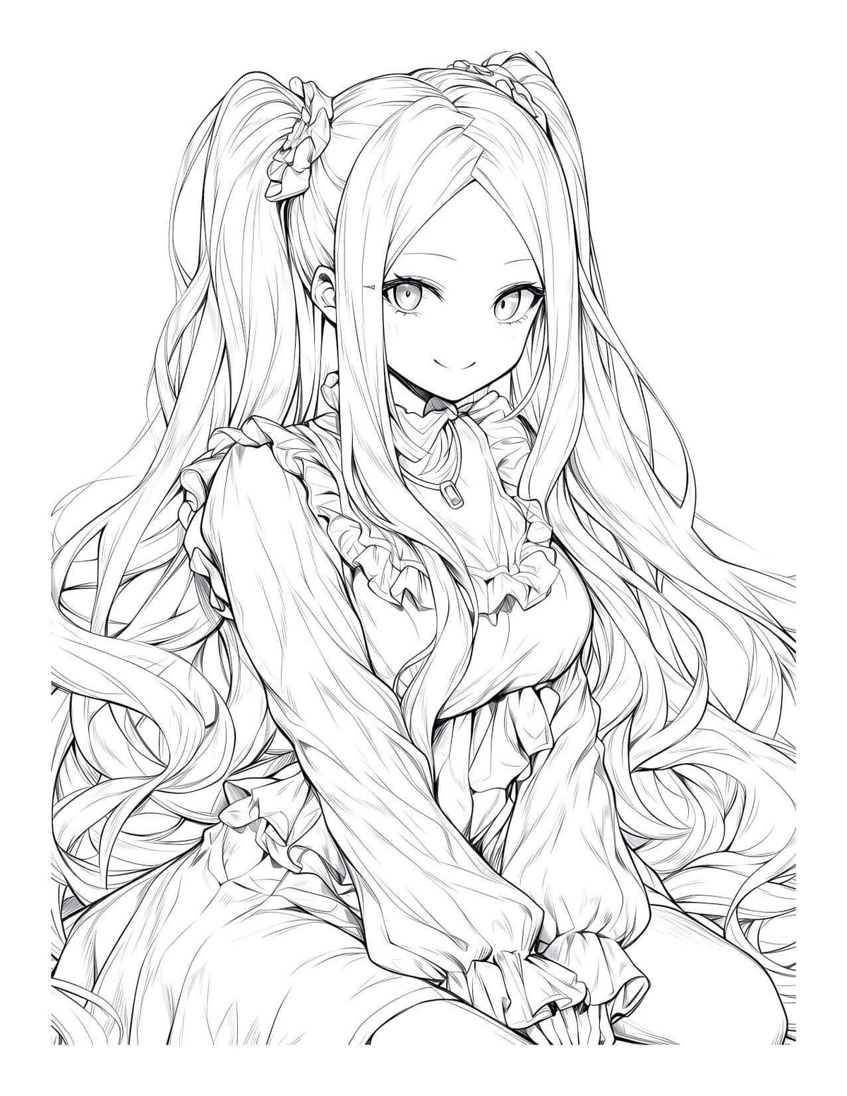 Intricate line art of a girl with long hair in a frilly dress, ideal for coloring book enthusiasts.