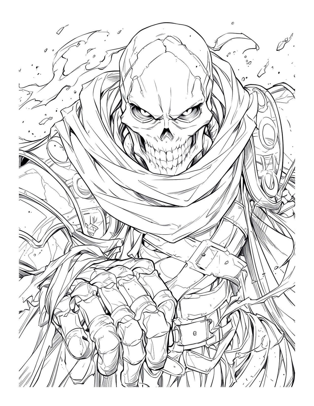 Intricate line art of a skeletal character in dark fantasy style, perfect for coloring in Anime Chronicles: The Overlord Awakens.