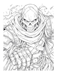 Intricate line art of a skeletal character in dark fantasy style, perfect for coloring in Anime Chronicles: The Overlord Awakens.