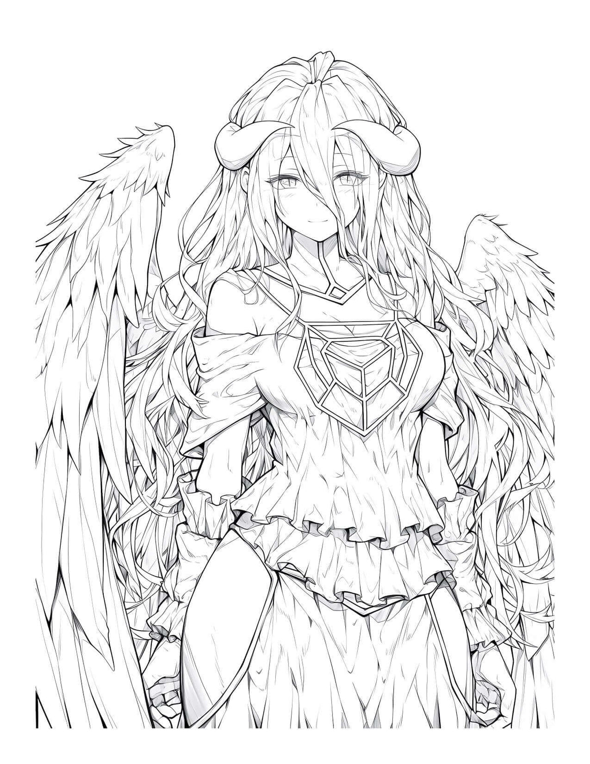 Intricate line art of a fantasy character with wings, featuring flowing hair and a detailed outfit for coloring.