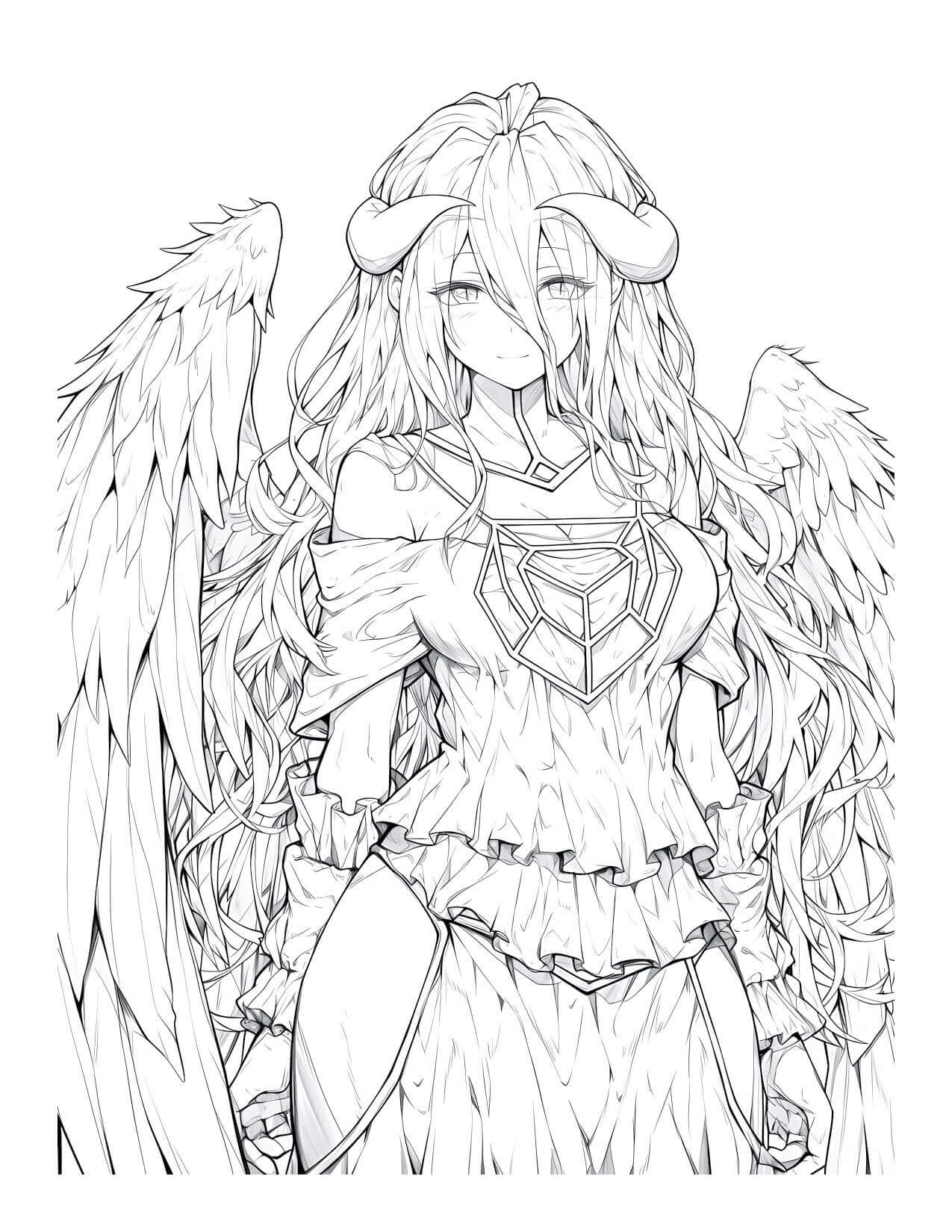 Intricate line art of a fantasy character with wings, featuring flowing hair and a detailed outfit for coloring.