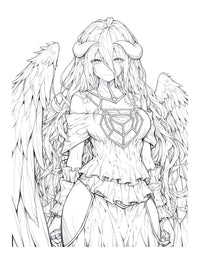 Intricate line art of a fantasy character with wings, featuring flowing hair and a detailed outfit for coloring.