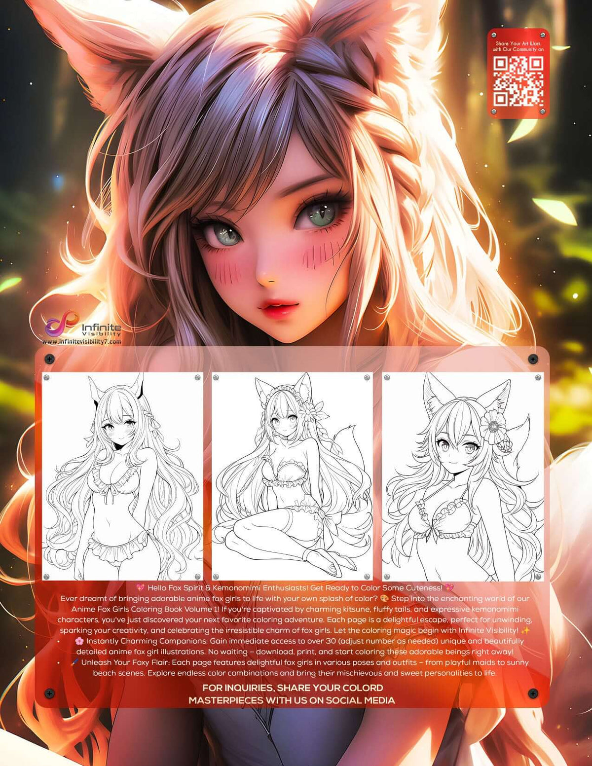 Printable Anime Fox Girls Coloring Book Vol 1 PDF download featuring cute kitsune and kemonomimi character art for adults and teens - Infinite Visibility