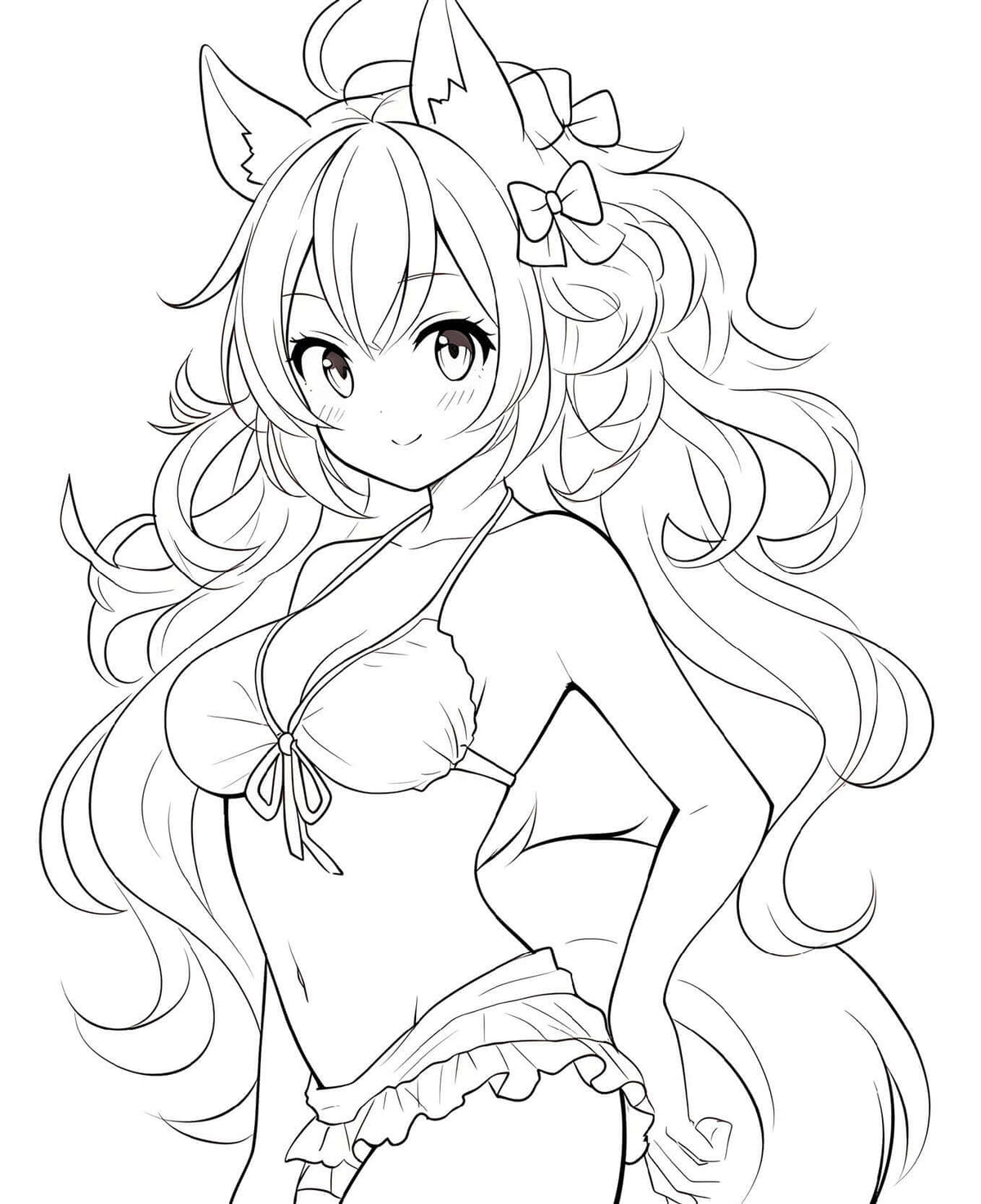 Cute anime fox girl in maid outfit with fluffy tail line art coloring page from Anime Fox Girls Coloring Book Volume 1