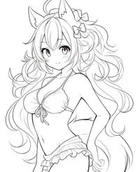 Cute anime fox girl in maid outfit with fluffy tail line art coloring page from Anime Fox Girls Coloring Book Volume 1