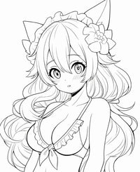 Happy anime fox girl in bikini on the beach with flower in hair line art coloring page from Anime Fox Girls Coloring Book Volume 1